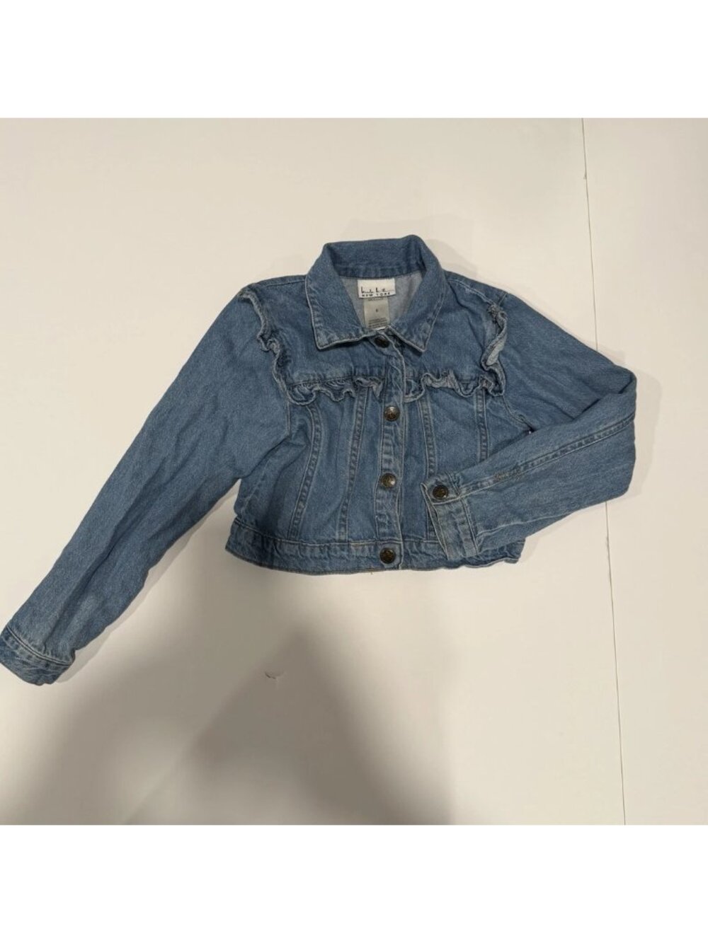 Nicole Miller New York Girls Blue Ruffle Denim Jean Jacket Cropped Size 6 NMNY